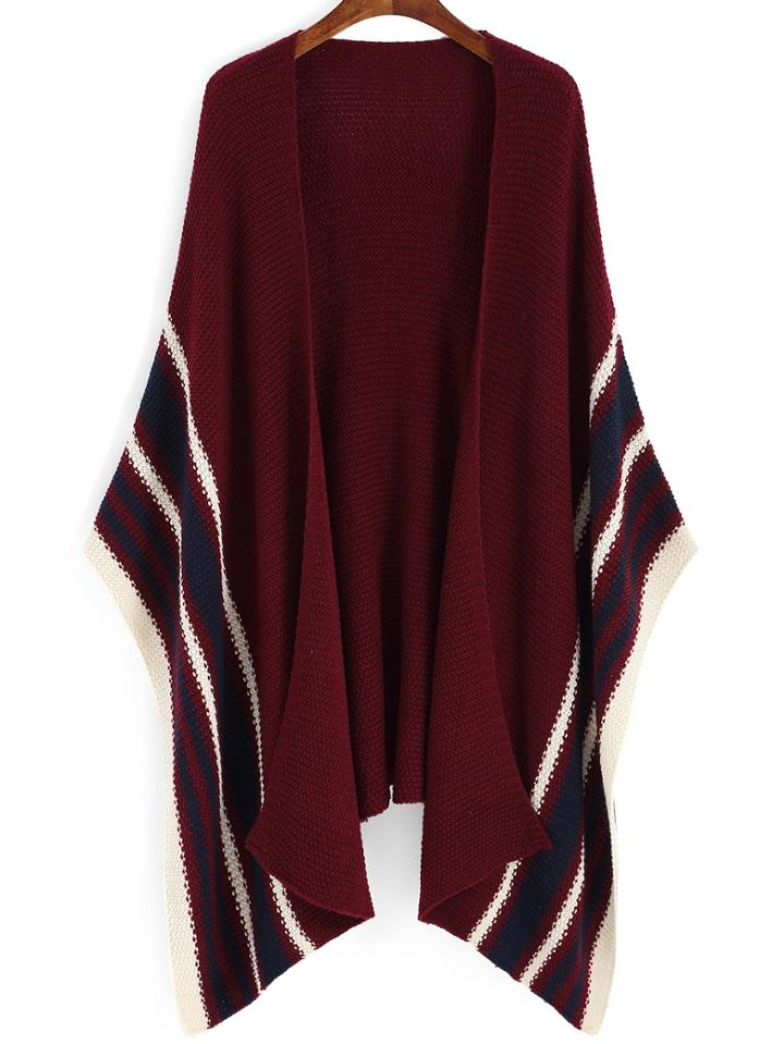 Romwe Striped Long Burgundy Coat