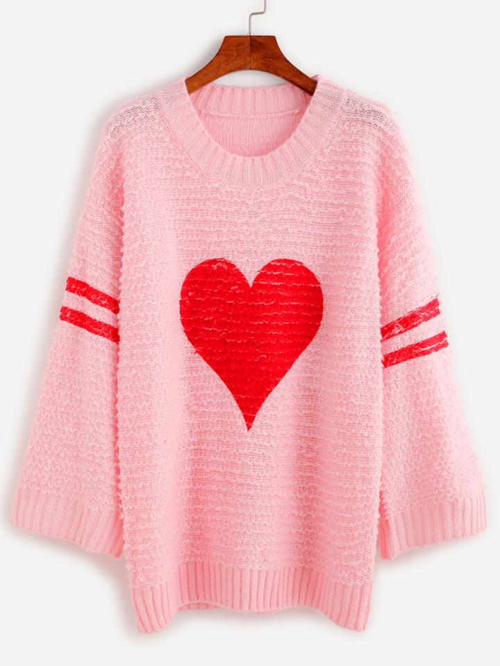 Romwe Pink Heart Print Varsity Striped Sweater