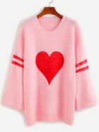 Romwe Pink Heart Print Varsity Striped Sweater