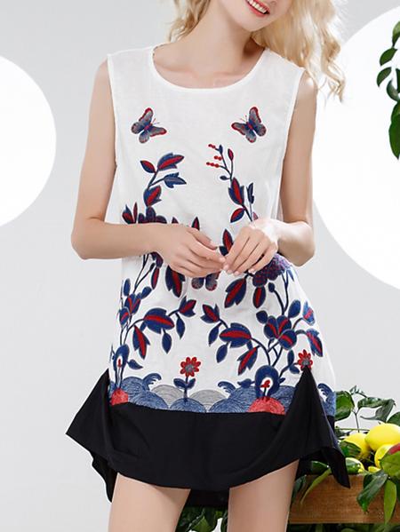 Romwe White Crew Neck Embroidered Asymmetric Dress