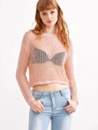 Romwe Pink Drop Shoulder Crop Lattice Sweater