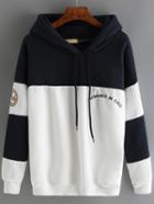 Romwe Color-block Hooded Drawstring Letter Embroidered Sweatshirt