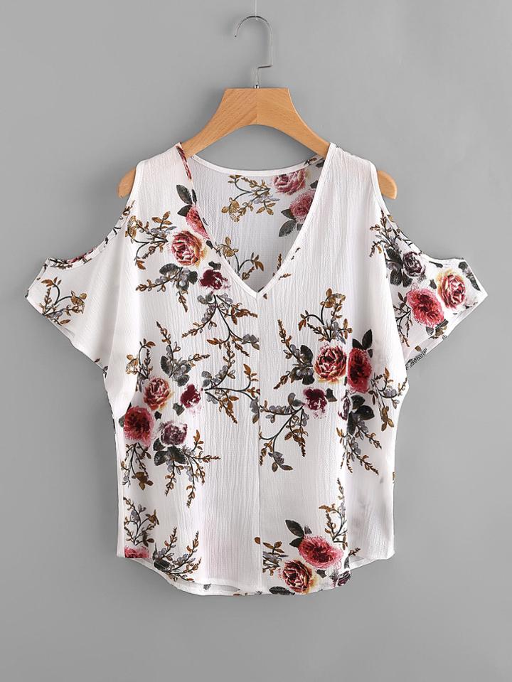 Romwe V Neckline Open Shoulder Florals Blouse