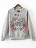 Romwe Grey Embroidery Raglan Sleeve Sweatshirt
