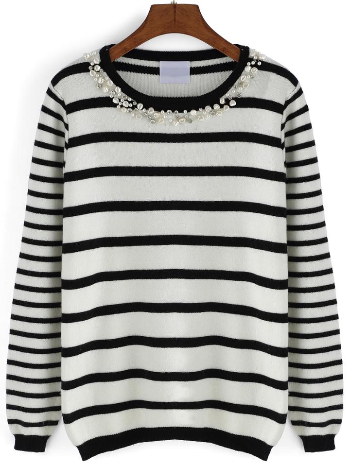 Romwe Round Neck Striped Bead Sweater