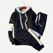 Romwe Guys Contrast Panel Letter Print Hooded Sweatshirt With Drawstring Pants