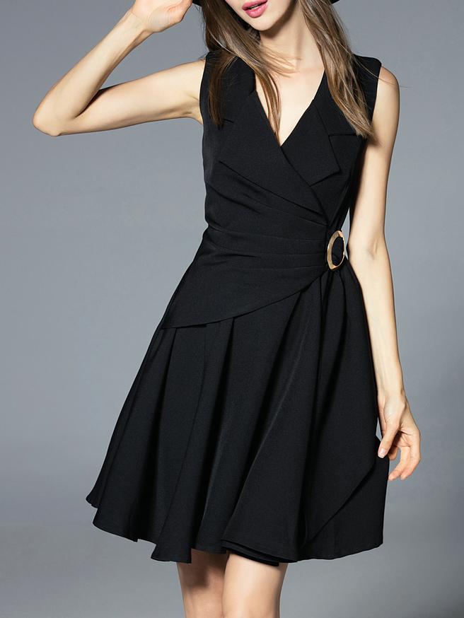 Romwe Black V Neck Tie-waist A-line Dress