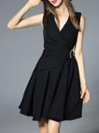 Romwe Black V Neck Tie-waist A-line Dress