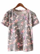 Romwe Grey Short Sleeve Floral Bird Print T-shirt