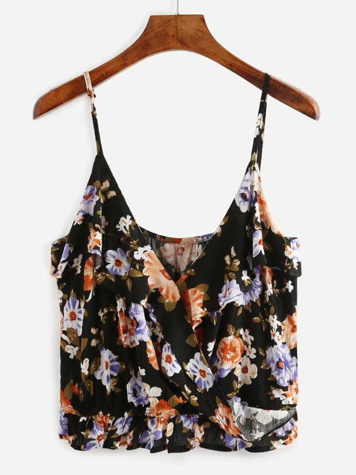 Romwe Black Random Flower Print Ruffled Cami Top