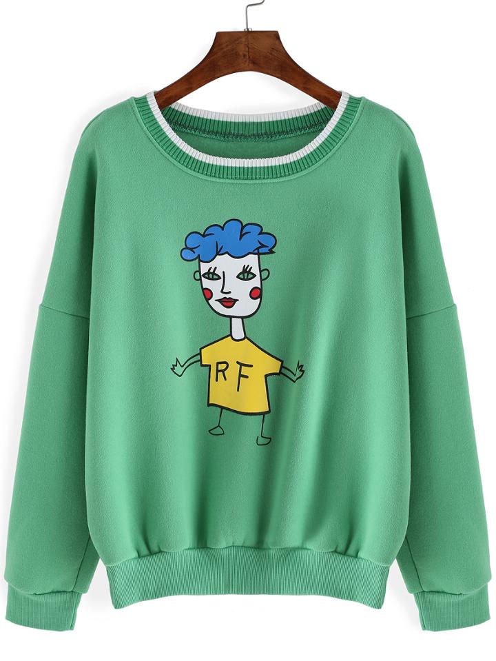 Romwe Cartoon Print Thicken Green Sweatshirt