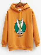 Romwe Hooded Drawstring Rabitt Print Thicken Yellow Sweatshirt