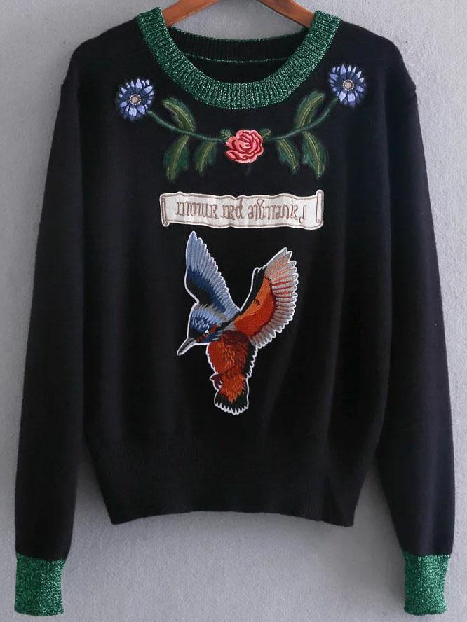 Romwe Black Embroidery Patch Contrast Trim Sweater