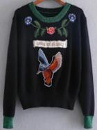 Romwe Black Embroidery Patch Contrast Trim Sweater