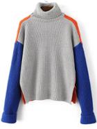 Romwe Grey Color Block Turtleneck Side Slit Sweater