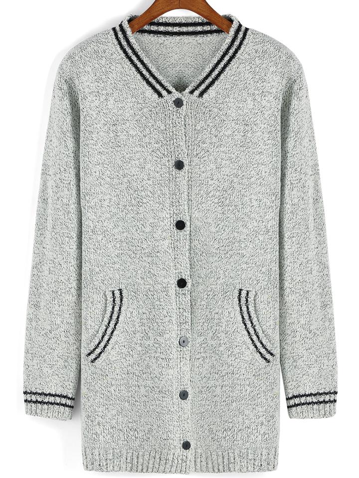 Romwe Striped Buttons White Coat