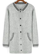 Romwe Striped Buttons White Coat