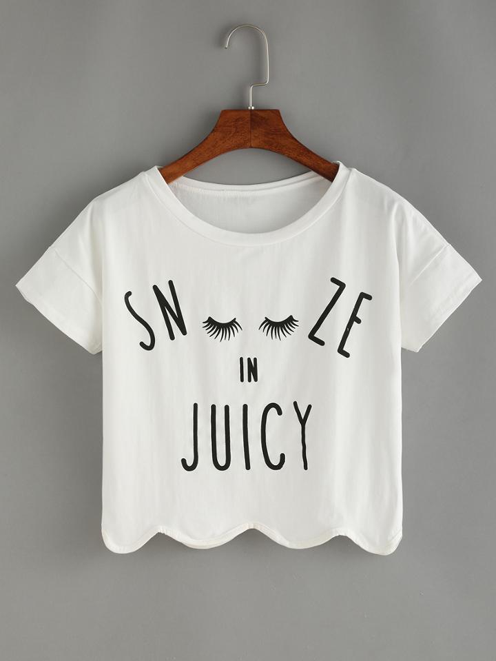 Romwe White Letters Print Scalloped Hem Crop T-shirt