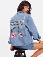 Romwe Flower Embroidered Ripped Denim Jacket