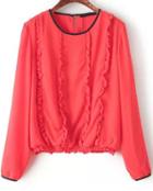 Romwe Red Long Sleeve Flouncing Crop Blouse