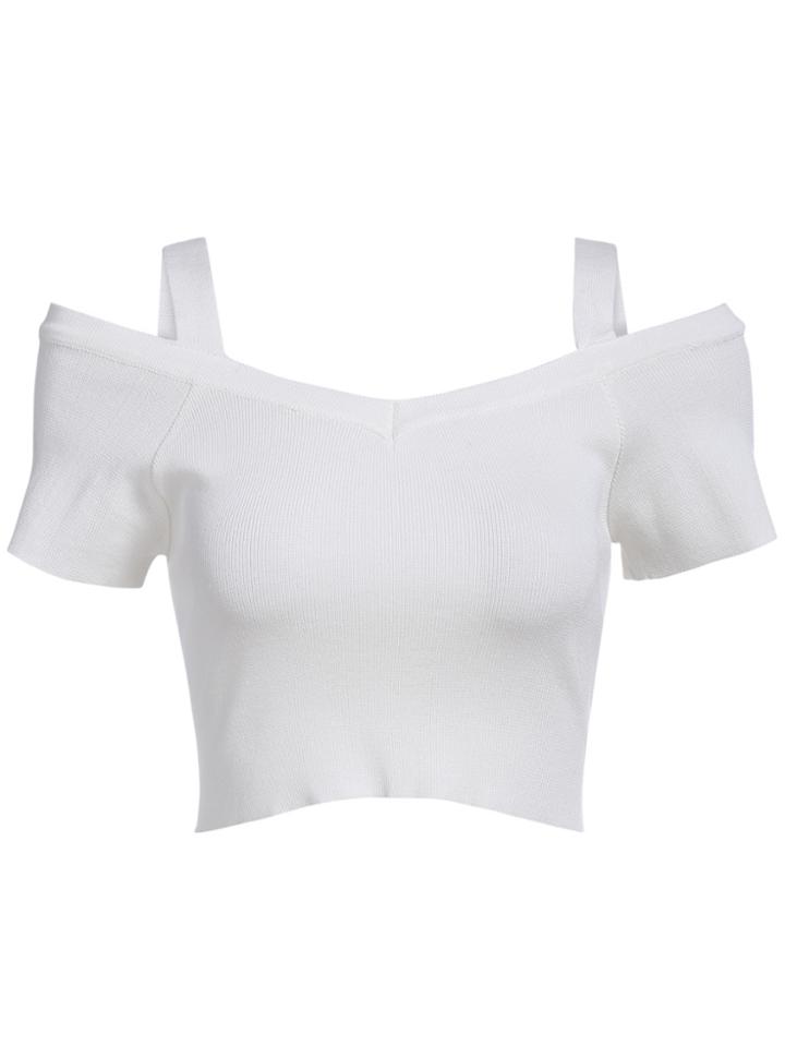Romwe Open Shoulder Knit Crop White Top