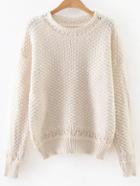 Romwe White Hollow Out Crew Neck Sweater
