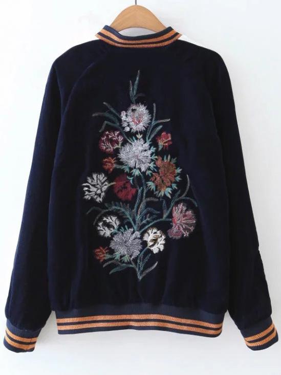 Romwe Navy Striped Trim Floral Embroidery Velvet Jacket