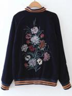 Romwe Navy Striped Trim Floral Embroidery Velvet Jacket