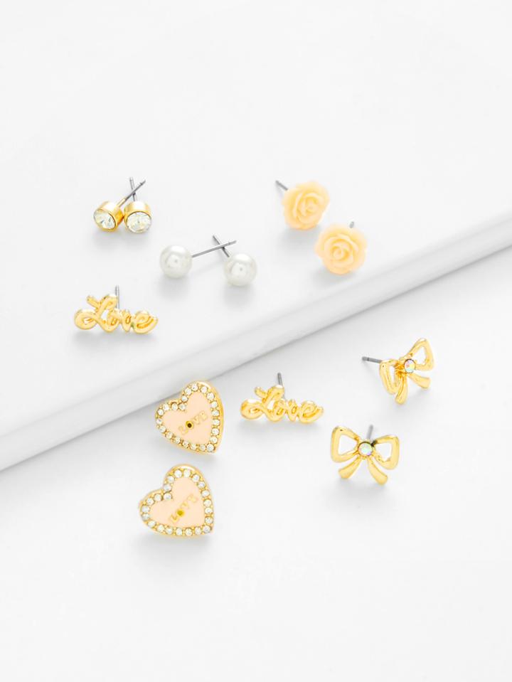 Romwe Rose & Bow Design Stud Earring Set