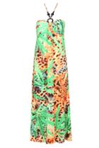 Romwe Halter Leaves Leopard Print Green And Orange Dress