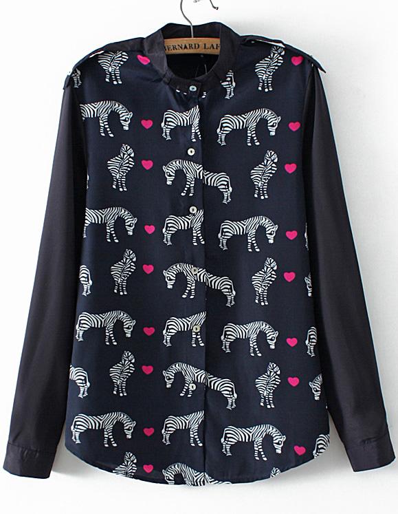 Romwe Hearts Zebra Print Epaulet Navy Blouse