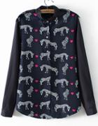 Romwe Hearts Zebra Print Epaulet Navy Blouse