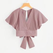 Romwe Tied Open Back Surplice Crop Top