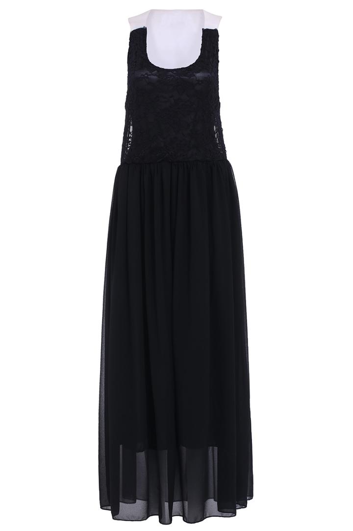 Romwe Contrast Sheer Mesh Yoke Pleated Dress