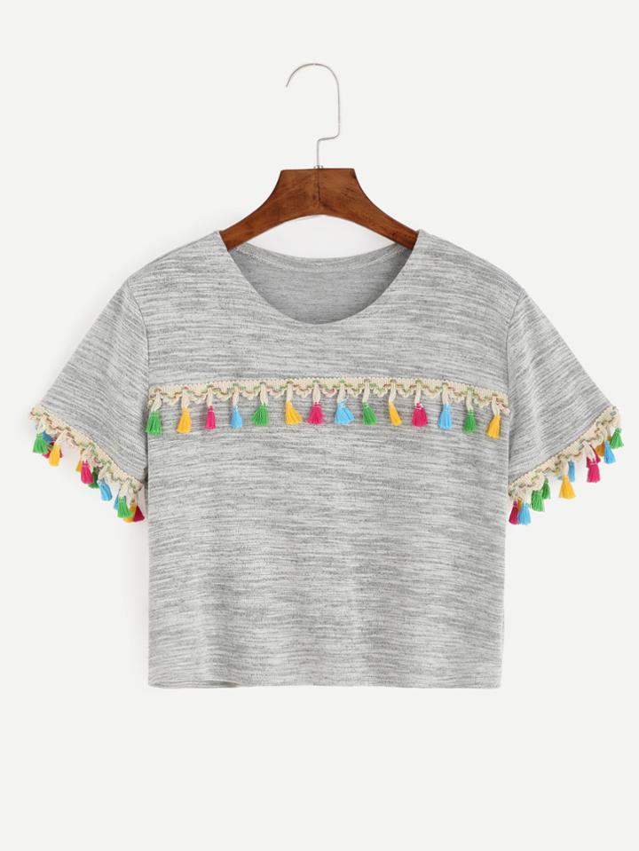 Romwe Heather Grey Tassel Trim T-shirt
