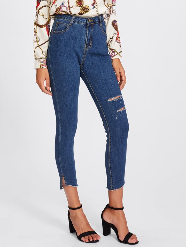 Romwe Raw Hem Knee Rips Skinny Jeans