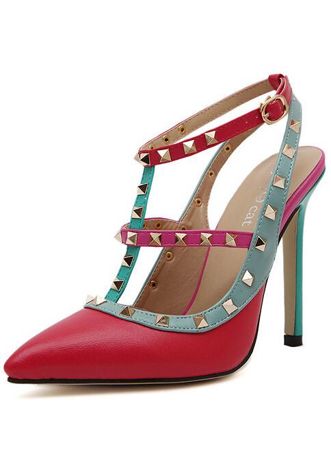 Romwe Red Rivet Point Toe High Heel Pumps