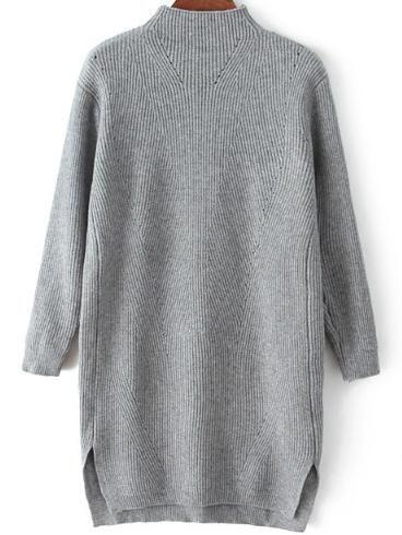 Romwe Mock Neck Dip Hem Split Grey Sweater Dress