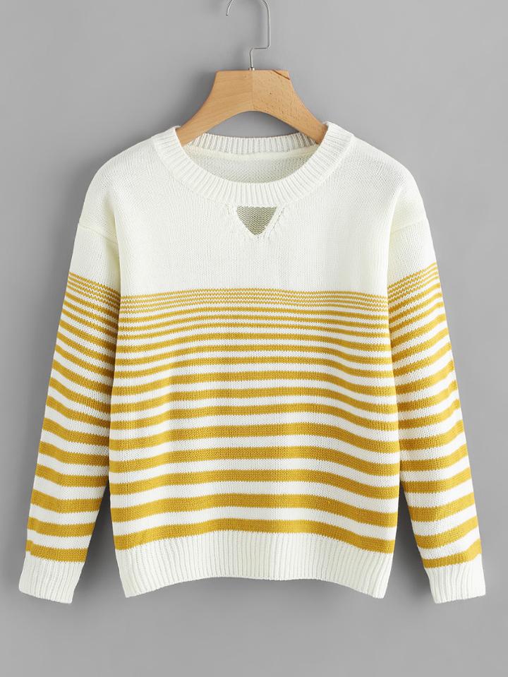 Romwe Cut Out Neck Striped Knit Sweater