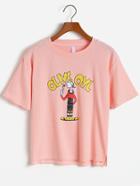 Romwe Dip Hem Cartoon Print Pink T-shirt