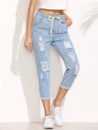 Romwe Distressed Drawstring Waist Cropped Jeans