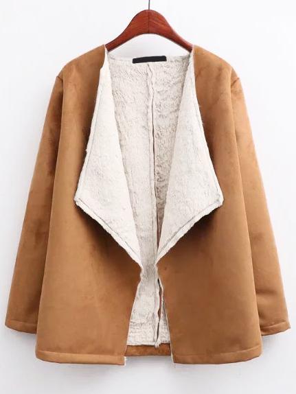 Romwe Khaki Draped Collar Suede Coat