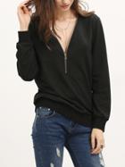 Romwe Black Zipper V Neck Plain Sweatshirt