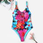 Romwe Tie Design Front Oil Painting One Piece Swimsuit