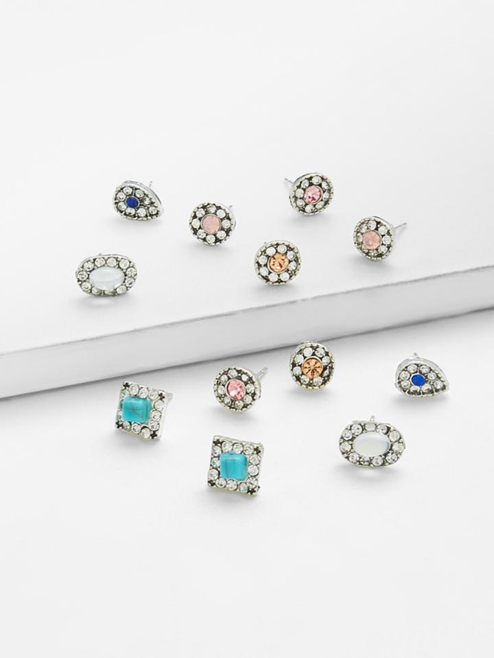 Romwe Geometric Design Stud Earring Set With Rhinestone