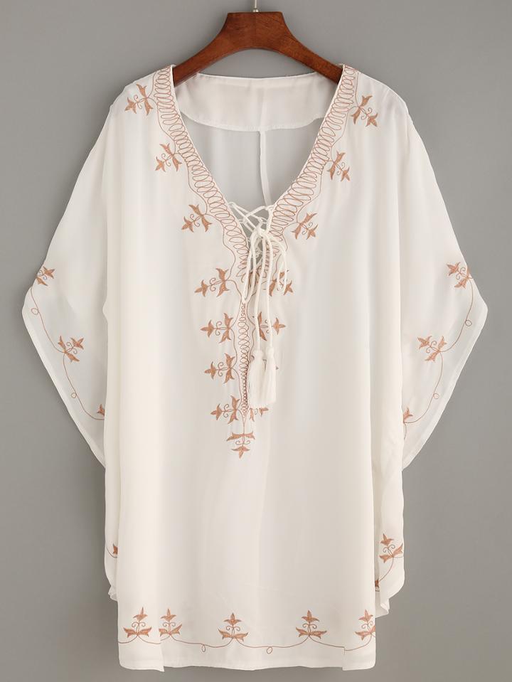 Romwe Embroidered V Neck Lace Up Batwing Beach Blouse