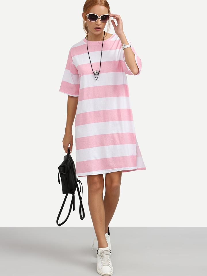Romwe Pink Striped Drop Shoulder Slit Tee Dress