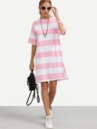 Romwe Pink Striped Drop Shoulder Slit Tee Dress