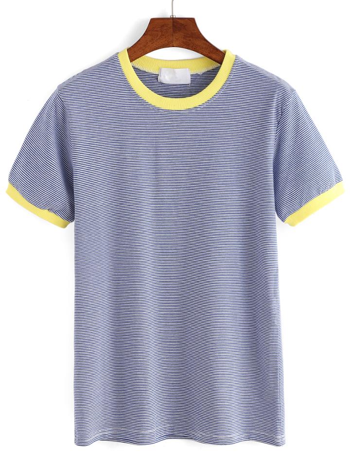 Romwe Blue Contrast Striped T-shirt