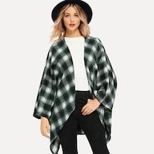 Romwe Open Front Plaid Poncho Coat